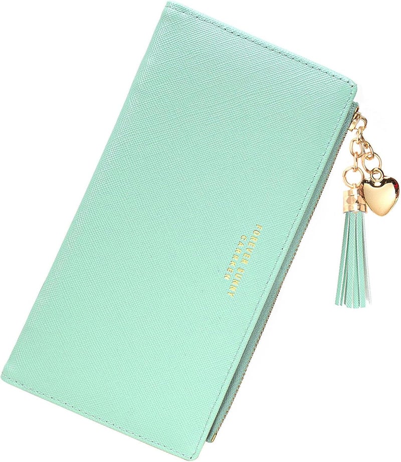 KOTORA Womens Slim Wallet Girls Thin Wallets Pretty Mini Long Card Holder Small Tiny Clutch Zip Purse Love Pendant Tassels Billfold (Green) - Image 2